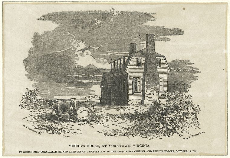 Moore's house, at Yorktown, Virginia. In which Lord Cornwallis signed articles of capitulation to the combined American and French forces, October 19, 1781