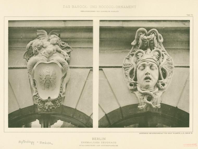 Cartouche and Medusa's head adorn the keystones of  round-arch windows