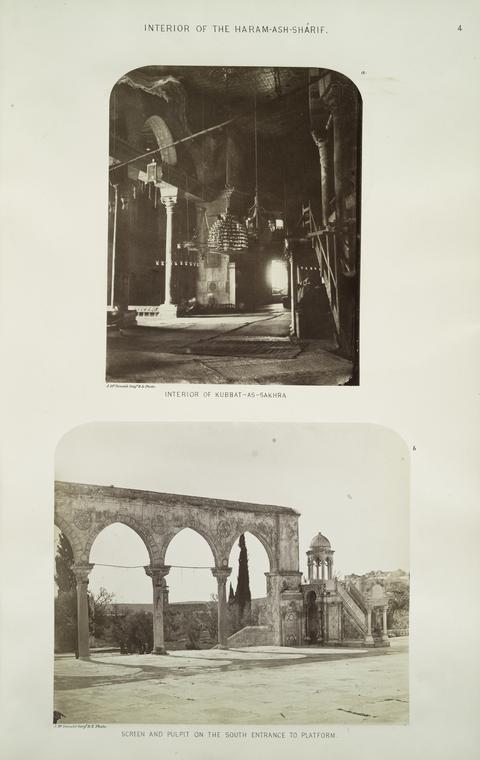 Interior of the Haram-ash-Shárif : a. interior of Kubbat-as-Sakhra; b. screen and pulpit on the south entrance to platform