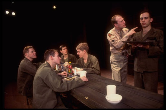 Actors (L-R) David Warshofsky, John Younger, William Ragsdale, John C. MacKenzie, John Finn & Andrew Polk in a scene fr. the National tour of the Broadway play "Biloxi Blues." (Boston)