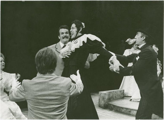 Jerry Lanning and Raul Julia (center) in the stage production Where's Charley?