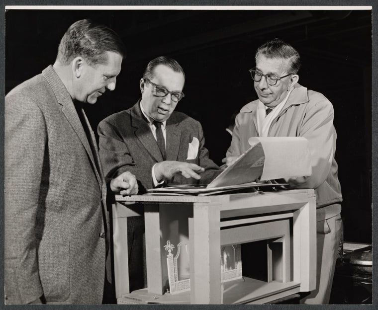 Jo Mielziner, Dore Schary and unidentified [left] in rehearsal for the stage production The Devil's Advocate