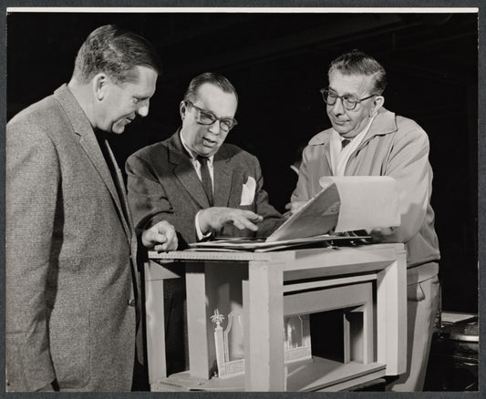 Jo Mielziner, Dore Schary and unidentified [left] in rehearsal for the stage production The Devil's Advocate