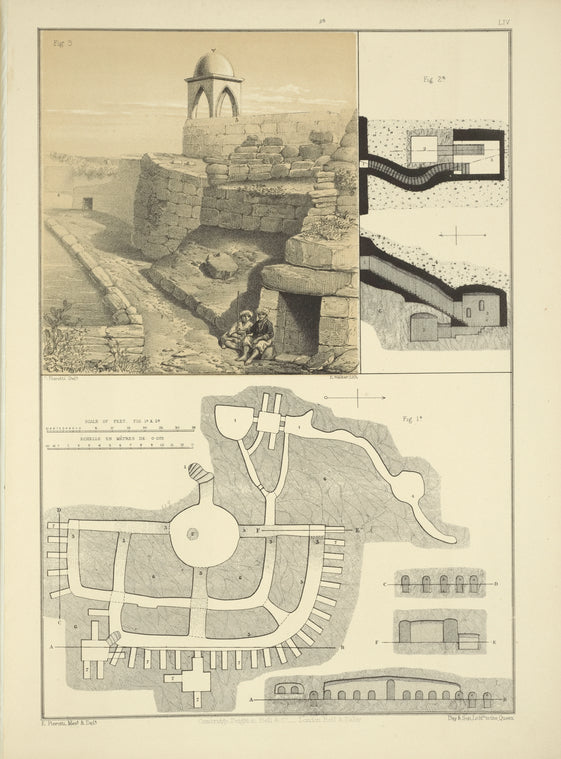 Plan and sections of the Tomb of the Prophets situated in the Mount of Olives; View, plan and section of the Tomb of Lazarus at Bethany.