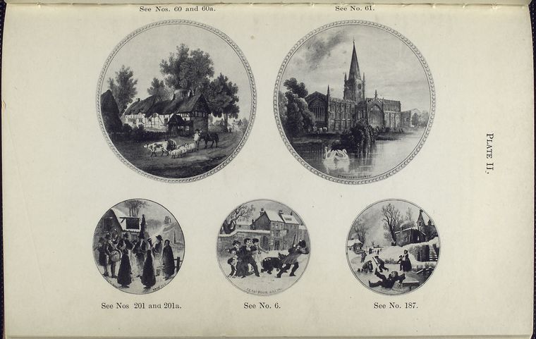The residence of Anne Hathaway, Shakespear's wife, Shottery, near Stratford-on-Avon (nos. 60,60a); Church of the Holy Trinity, Stratford-on-Avon (no. 61); Xmas Eve (nos. 201,201a); Alas! Poor Bruin (no. 6); "Dangerous" skating (no. 187).