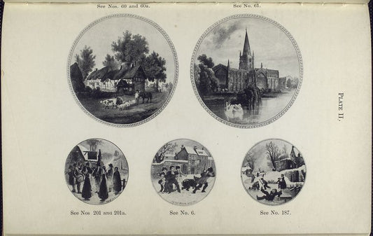 The residence of Anne Hathaway, Shakespear's wife, Shottery, near Stratford-on-Avon (nos. 60,60a); Church of the Holy Trinity, Stratford-on-Avon (no. 61); Xmas Eve (nos. 201,201a); Alas! Poor Bruin (no. 6); "Dangerous" skating (no. 187).