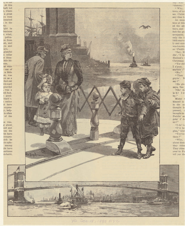 Adults and children standing near the East River ; Couple floating in East River near Brooklyn Bridge