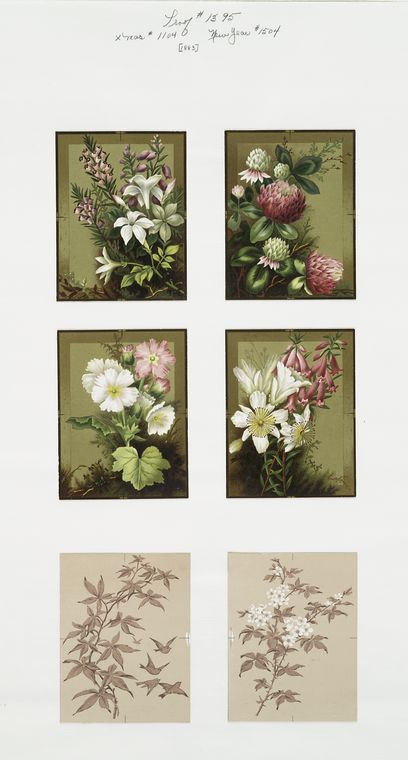 Christmas and New Year cards depicting flowers and birds.