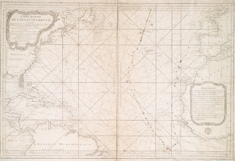 Carte réduite de l'Ocean occidental contenant partie des costes d'Europe et d'Afrique : depuis le 51e dégré de latitude septentrionale jusqu'à l'Equateur et celles de l'Amerique qui leur sont opposées