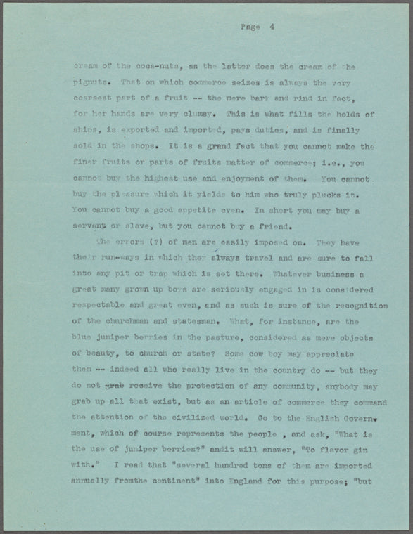 [Notes on fruits]. 4 leaves of holograph draft and 2 scraps. Unsigned and undated.: (Now published as opening of Wild Fruits.)