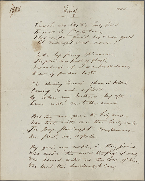 "Dirge." Holograph poem, unsigned, dated 1838