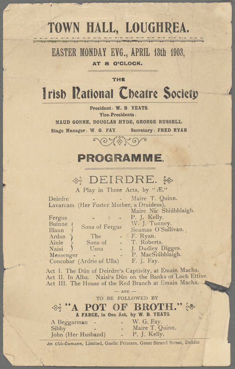 Irish National Theatre Society : Programme for Deirdre and A Pot of Broth