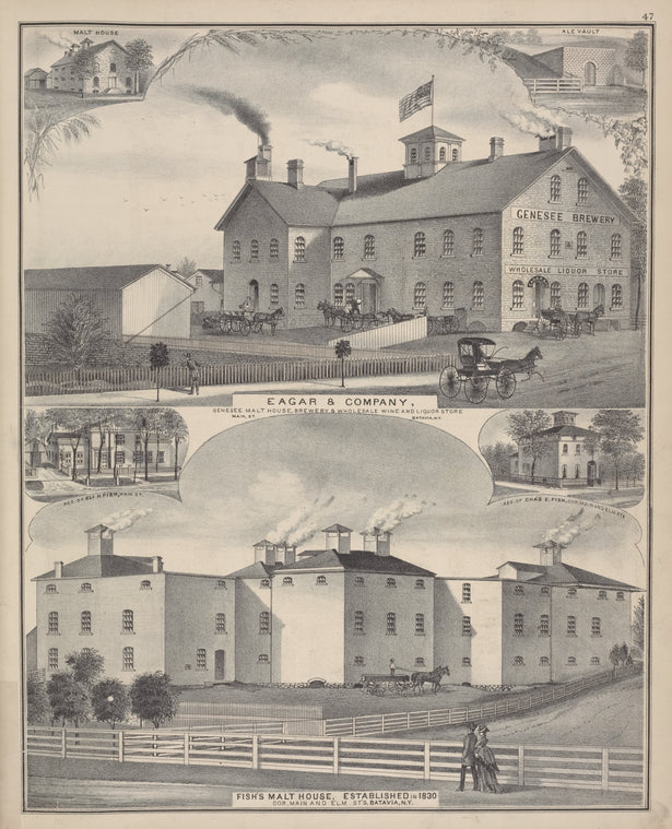 Eagar & Company, Genesee Malt House, Brewery & Wholesale Wine and Liquor Store, Main St., Batavia. ; Fish's Malt House, Established in 1830 Cor. Main and Elm St's, Batavia, N.Y.