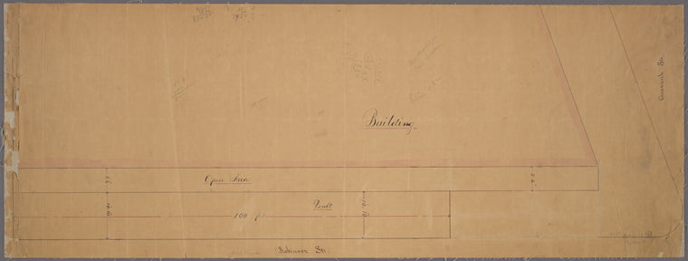 Manuscript map of "building" and "vault" near the corner of Robinson Street and Greenwich Street in Manhattan, New York.