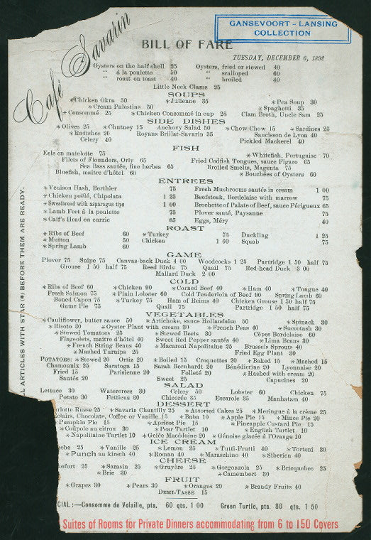 BILL OF FARE [held by] CAFE SAVARIN [at]  (REST;)