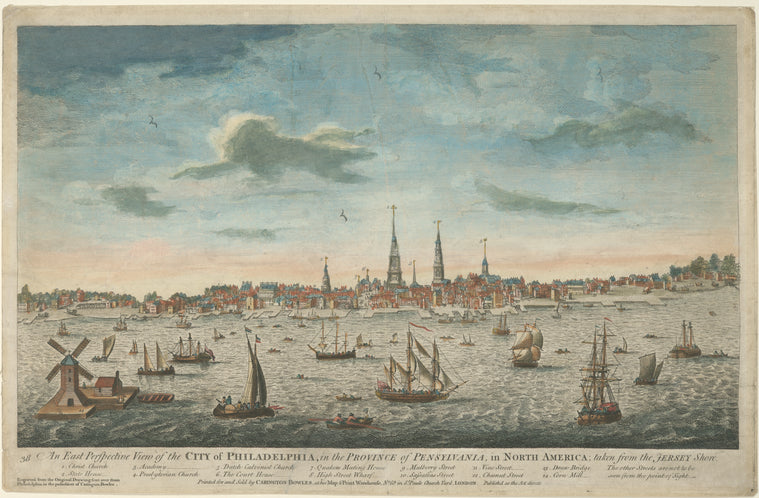 An east perspective view of the city of Philadelphia, in the province of Pensylvania, in North America; taken from the Jersey shore