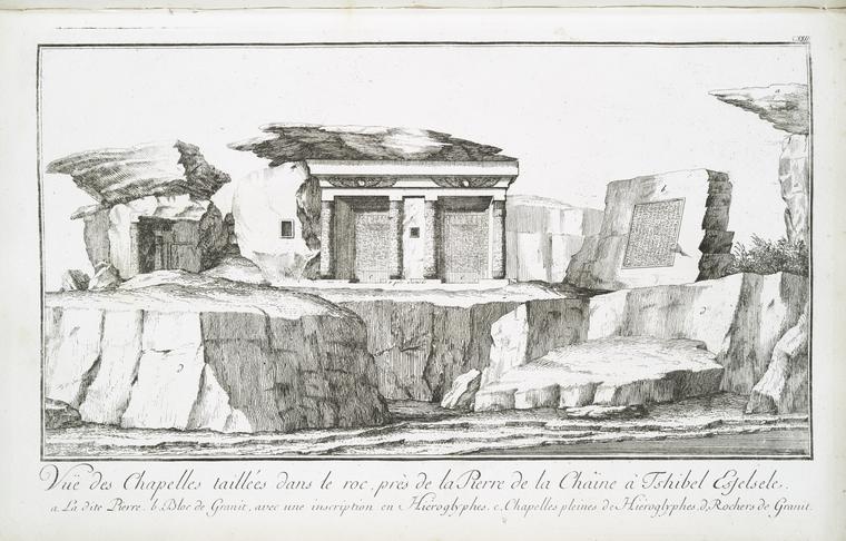 Vue des chapelles taillées dans le roc, près de la pierre de la chaîne à Tschibel Esselsele (a. La dite pierre, b. Bloc de granit, avec une inscription en hiéroglyphes, c. Chapelles pleines de hiéroglyphes, d. Rochers de granit).