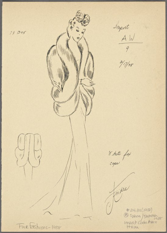 Tiered fur cape with animal face, worn over evening gown