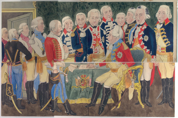 1. Prins Willem V (Gardes du Corps), 2. Erfprins (Hollandsche Gardes te voet), 3. Prins Frederik (Hollandsche Gardes te Paard), 4. Van Bylandt Dragonders, 5. Van Heeckeren Huzaren, 6. Hoeueft van Oyen Cavalerie, 7. Orange Friesland Cavalerie, 8. Timmerman