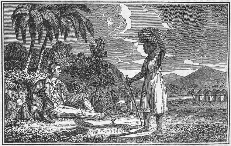 [An African woman, carrying a basket on her head, stops to talk with a white man].