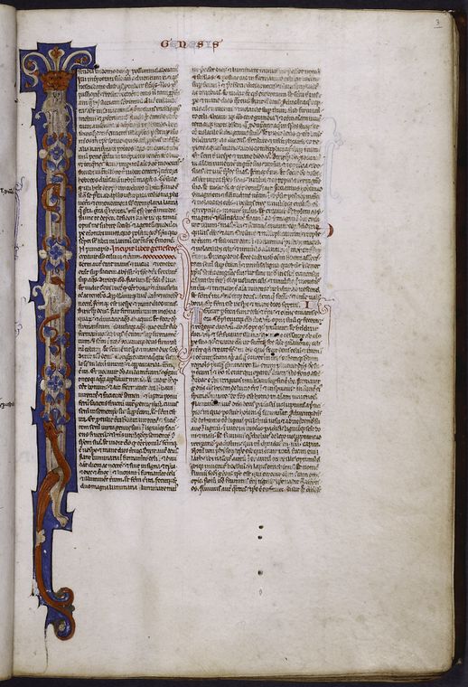 Opening of Genesis with very large painted initial, small blue initial, placemarkers, rubric, etc