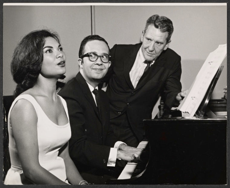 Nichelle Nichols [left], Burgess Meredith [right] and unidentified in the stage production Kicks and Co