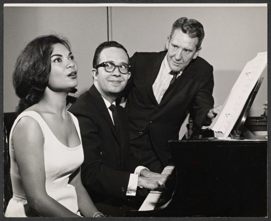 Nichelle Nichols [left], Burgess Meredith [right] and unidentified in the stage production Kicks and Co