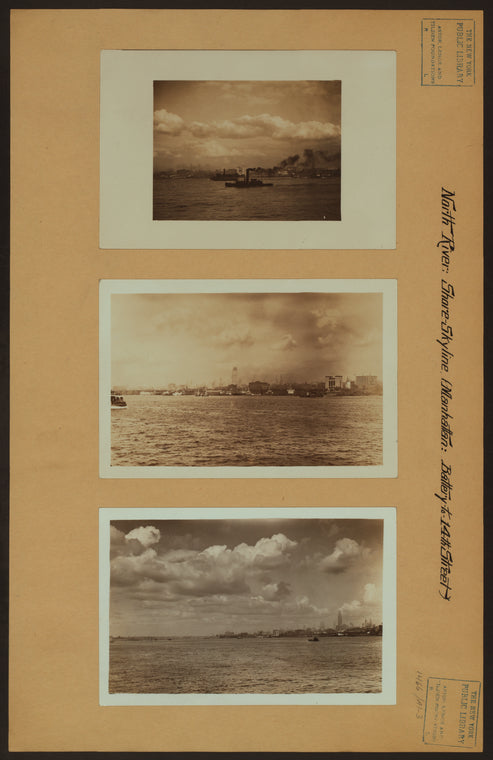 North (Hudson) River - Shore and skyline - Manhattan - Battery - 14th Street - [Piers 29, 31, 32, 33 (dump pier), 34 - Holland Tunnel Ventilation Building - Metropolitan Life Insurance Company - Empire State Building.]