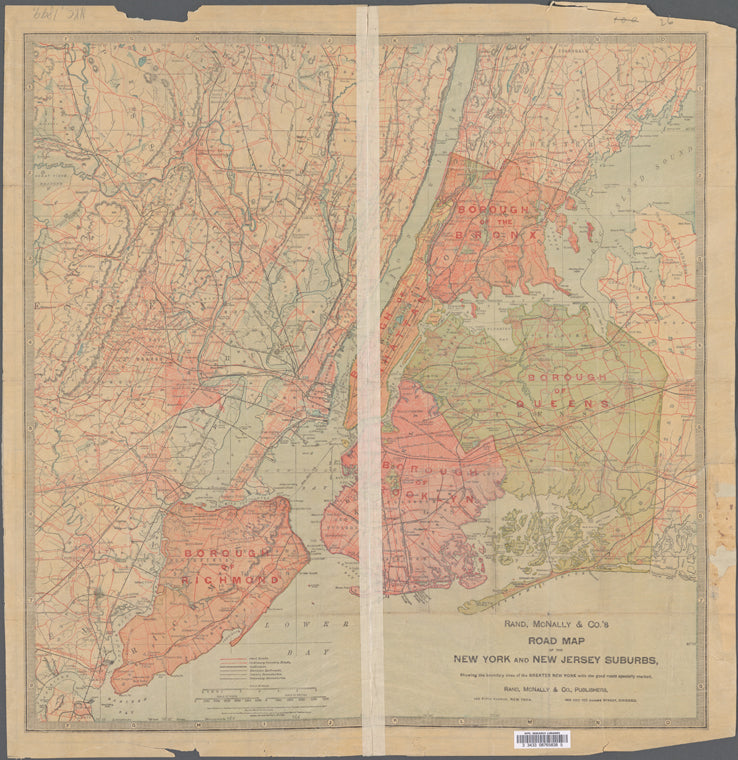 Map of New York City: showing portions of Brooklyn, Jersey City, and Westchester Co. ; Rand, McNally & Co.'s road map of the New York and New Jersey suburbs, showing the boundary lines of the Greater New York with the good roads specially marked
