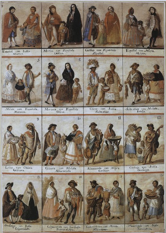 Racial Mixture in eighteenth-century Mexico: Mestizo, Castizo, Spaniard, Mulatto, Morisco, Chino, Salta-atrás, Lobo, Jibaro, Albarazado, Cambujo, Zambaigo, Calpamulato, Tente en el aire, No te entiendo, Torna-atrás.