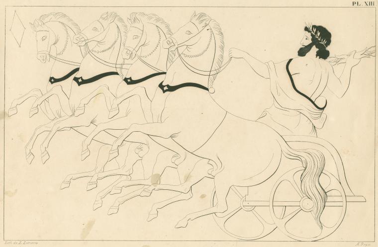 Zeus in his chariot prepares to hurl a thunderbolt