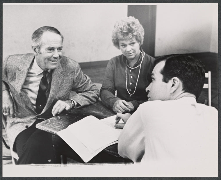 Henry Fonda, Estelle Parsons and unidentified in rehearsal for the 1968 stage production of The Front Page