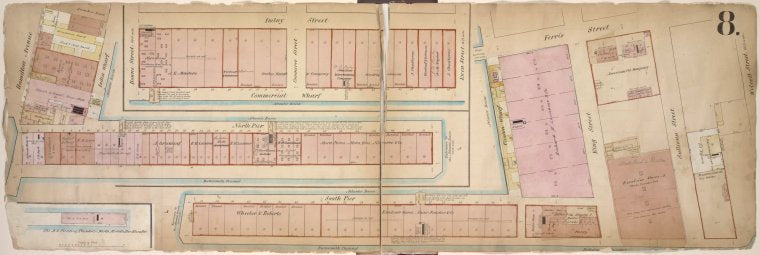 Double Page Plate No. 8; [Map bounded by Hamilton Ave., Bowne St., Imlay St., Commerce St., Ewen St., Ferris St.; Including Wolcott St., Sullivan St., King St., North Pier St., South Pier St.]