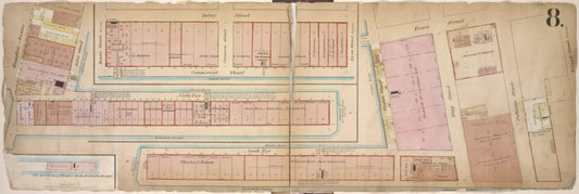 Double Page Plate No. 8; [Map bounded by Hamilton Ave., Bowne St., Imlay St., Commerce St., Ewen St., Ferris St.; Including Wolcott St., Sullivan St., King St., North Pier St., South Pier St.]