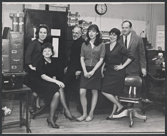 Doris Roberts, Ruth White, Jerome Robbins, Elaine May, playwright María Irene Fornés, and Jack Weston in rehearsal for the stage production The Office