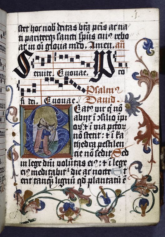 6-line blue initial on gold field, with flower design extending into border. Historiated initial of King David. Two lines of music