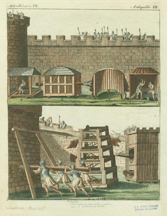 Breaching wall fortifications by undermining and battering ram