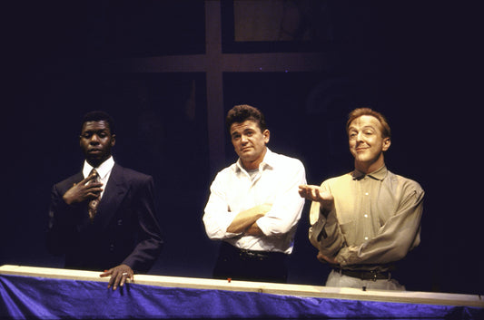 Actors (L-R) Scott Whitehurst, John Michael Higgins & Edward Hibbert in a scene fr. the WPA Theatre's production of the play "Jeffrey." (New York)