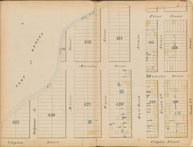 Jersey City, V. 1, Double Page Plate No. 29 [Map bounded by Prior St., S. 7th St., Colgate St., Mill Creek]
