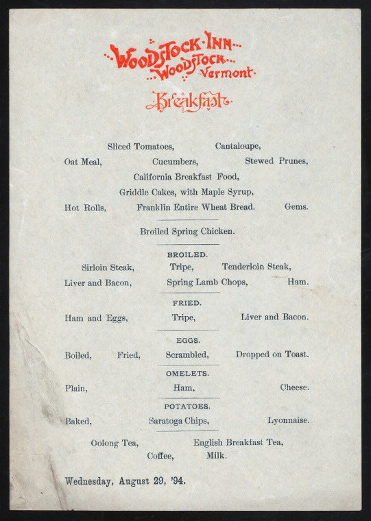 BREAKFAST MENU [held by] WOODSTOCK INN [at] "WOODSTOCK, VT" (HOT;)