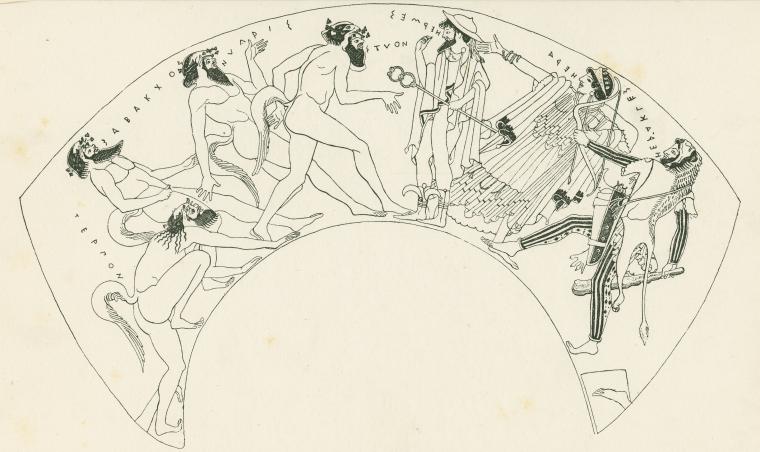 Kylix painting with four satyrs repelled by Hermes, Hera and Heracles