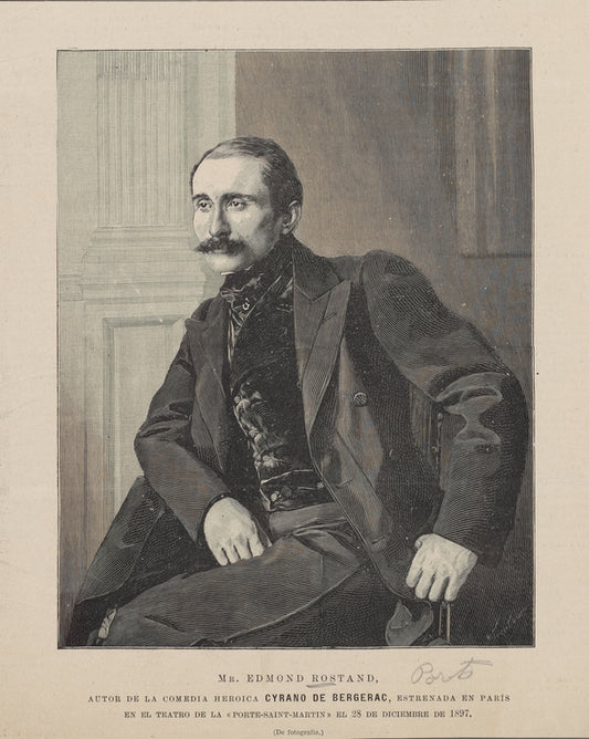 Mr. Edmond Rostand, autor de la comedia heroica Cyrano de Bergerac, estrenada en Paris en el Teatro de la "Porte-Saint-Martin" el 28 de Diciembre de 1897. (De fotographia.)