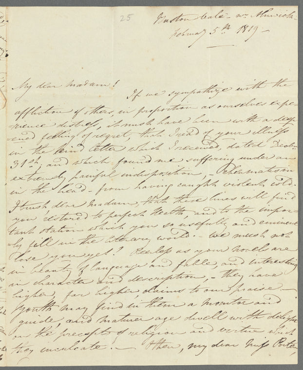 Isabella Hindmarsh to Miss Porter, autograph letter signed