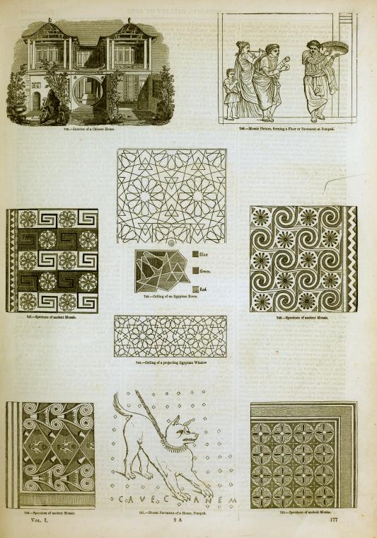 Architectural decorations and ornaments: ancient mosaics; Egyptian ceiling and window; interior of Chinese house.
