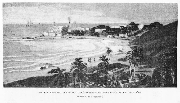 Christiansberg, chef-lieu des possessions anglaises de la Côte-d'Or. (Aquarelle de Nousveaux.)