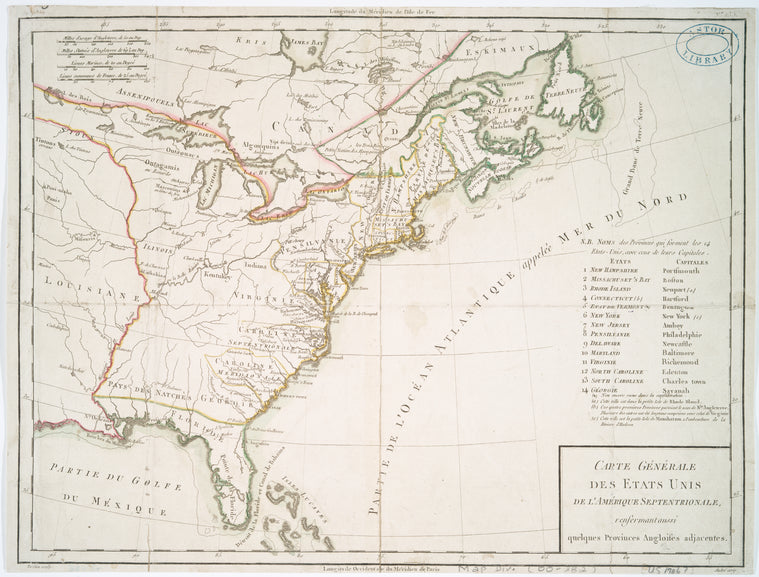 Carte générale des Etats Unis de l'Amérique Septentrionale, : renfermant aussi quelques provinces Angloises adjacentes