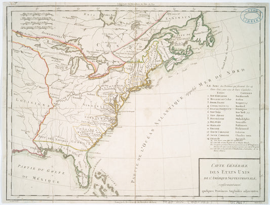 Carte générale des Etats Unis de l'Amérique Septentrionale, : renfermant aussi quelques provinces Angloises adjacentes
