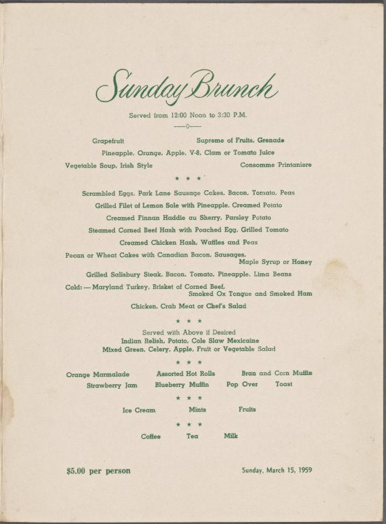 Sunday brunch menu, Park Lane