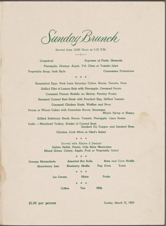 Sunday brunch menu, Park Lane
