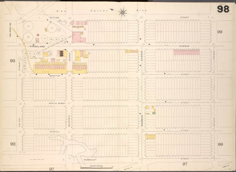 Brooklyn V. 4, Double Page Plate No.98 [Map bounded by Sutton St., Nassau Ave., Humboldt St., Calyer St.]
